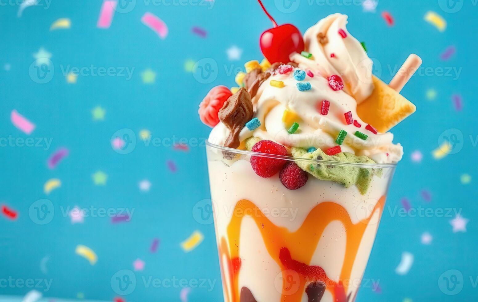 An ice cream sundae with toppings and confetti photo