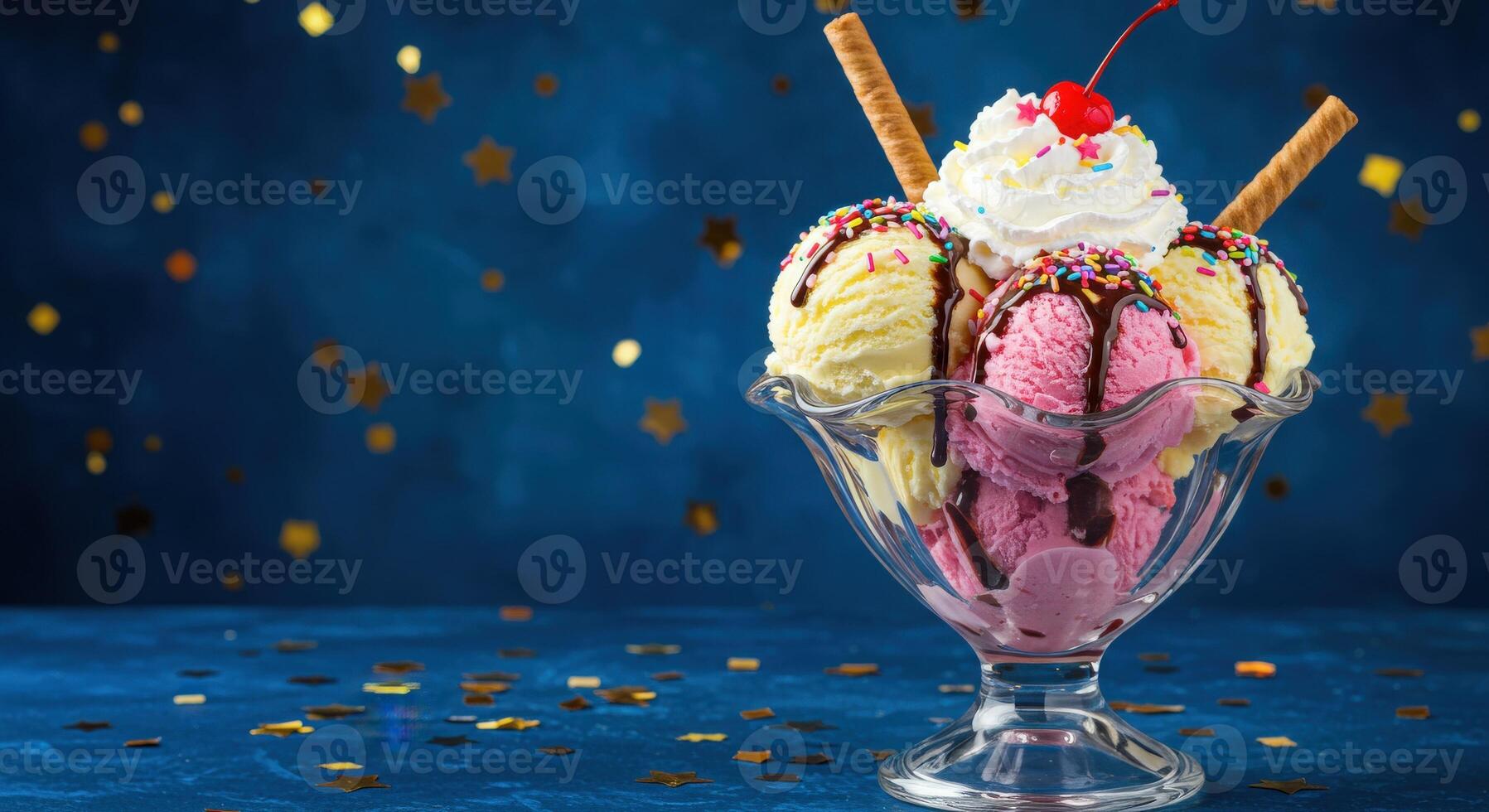 Ice cream sundae with cherry and whipped cream on blue background photo