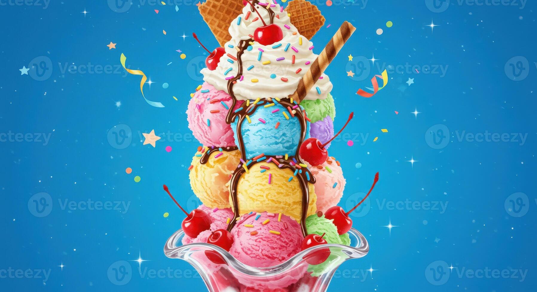Ice cream sundae with cherry and sprinkles on blue background photo