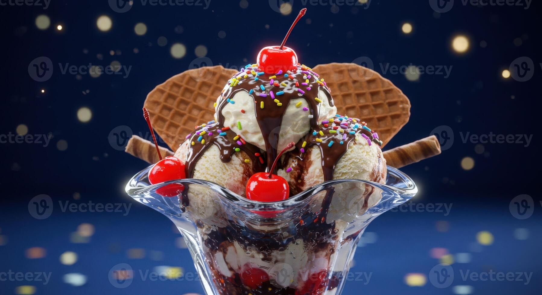 An ice cream sundae with chocolate and cherries photo
