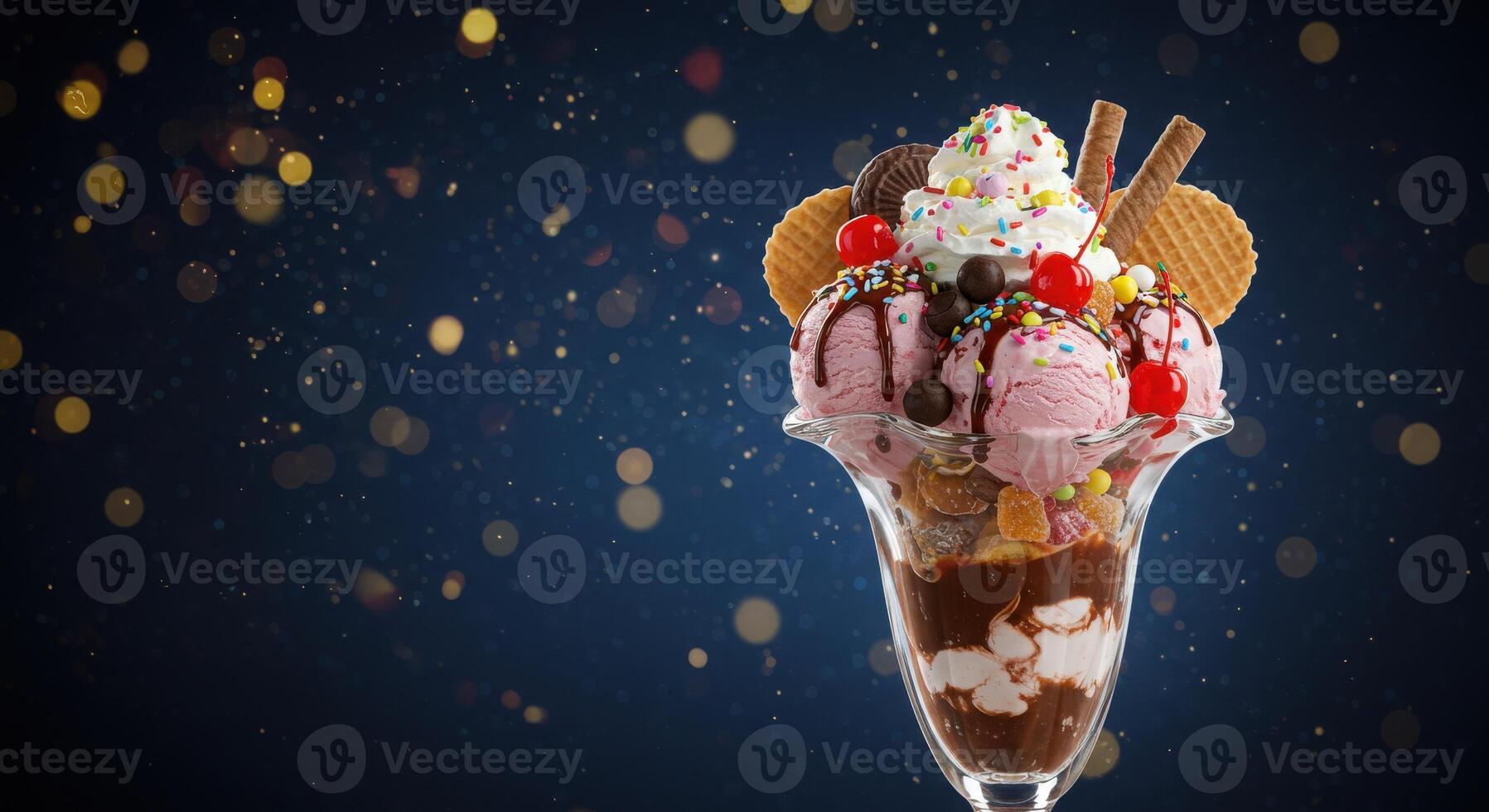 An ice cream sundae with chocolate, ice cream, and sprinkles photo