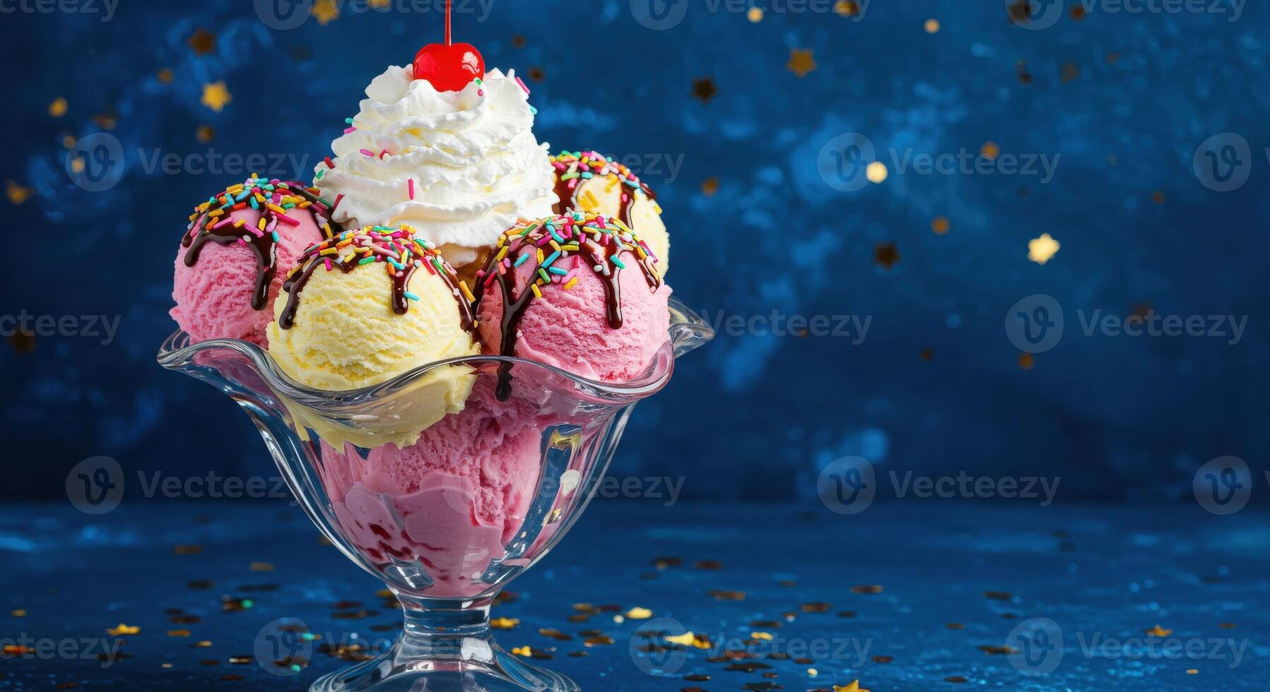 Ice cream sundae with cherry on top on a blue background photo