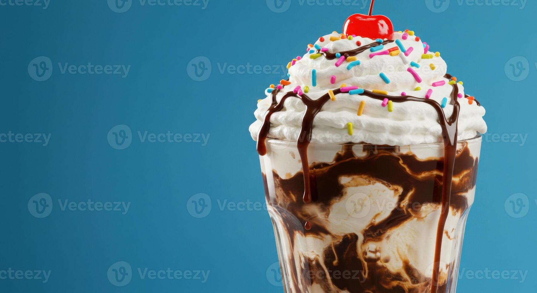 An ice cream sundae with chocolate and sprinkles photo
