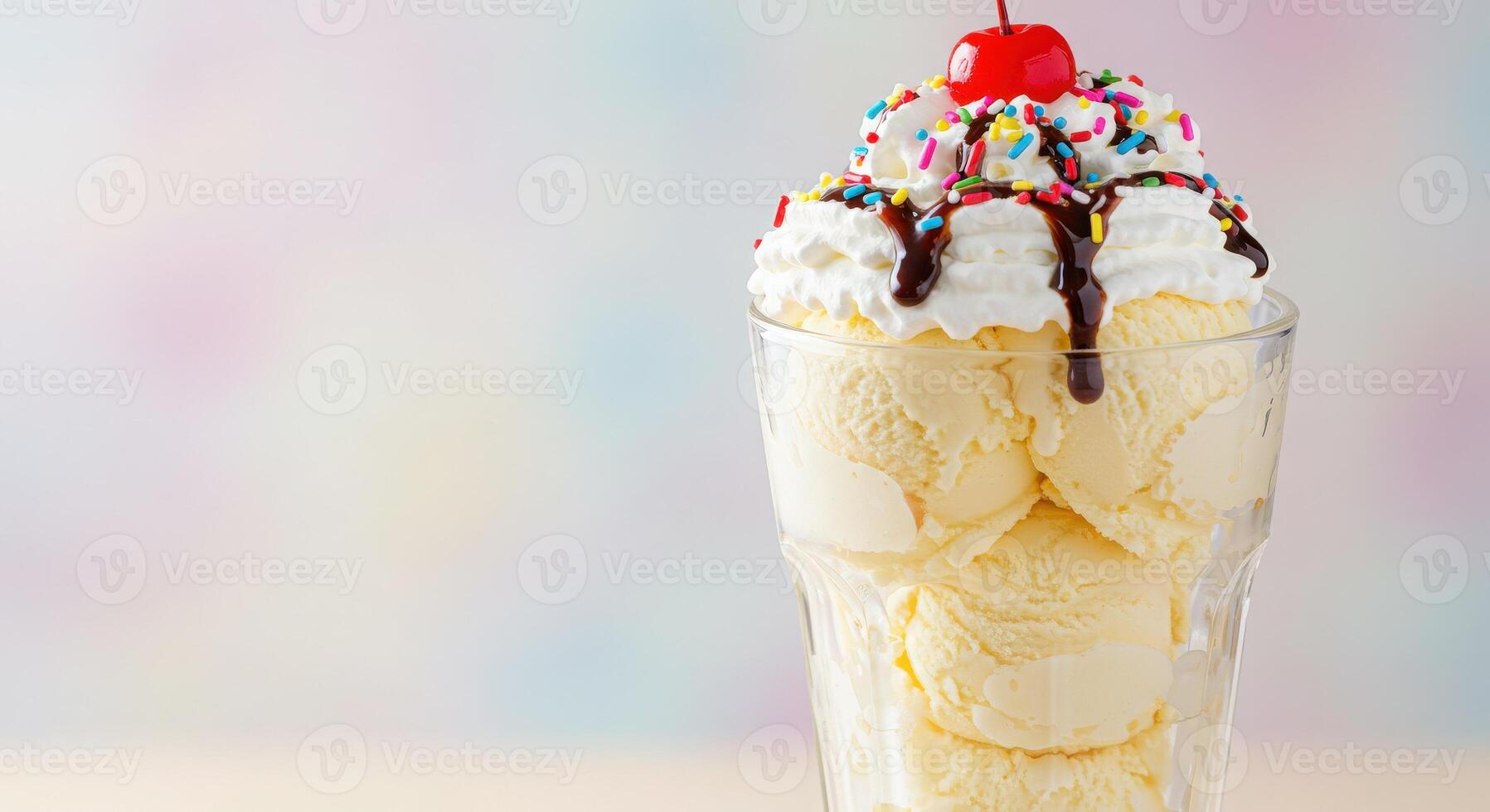 An ice cream sundae with whipped cream and sprinkles photo