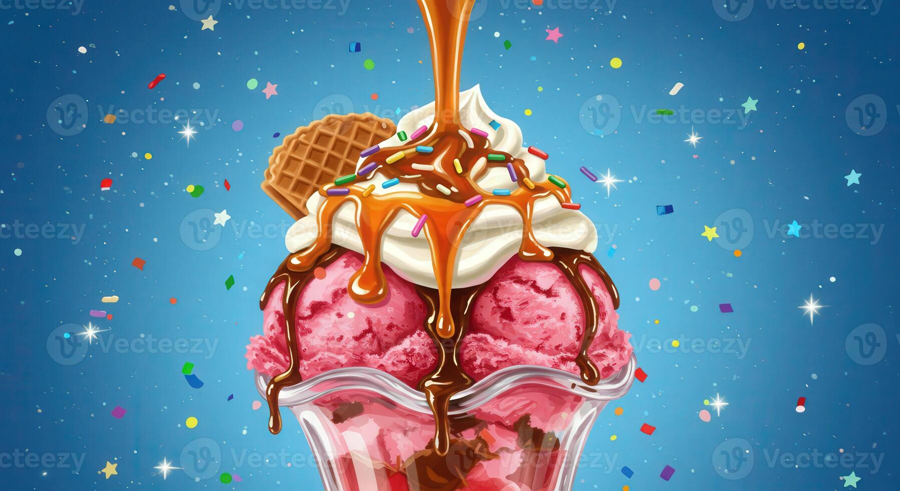 Ice cream sundae with chocolate and ice cream on a blue background photo