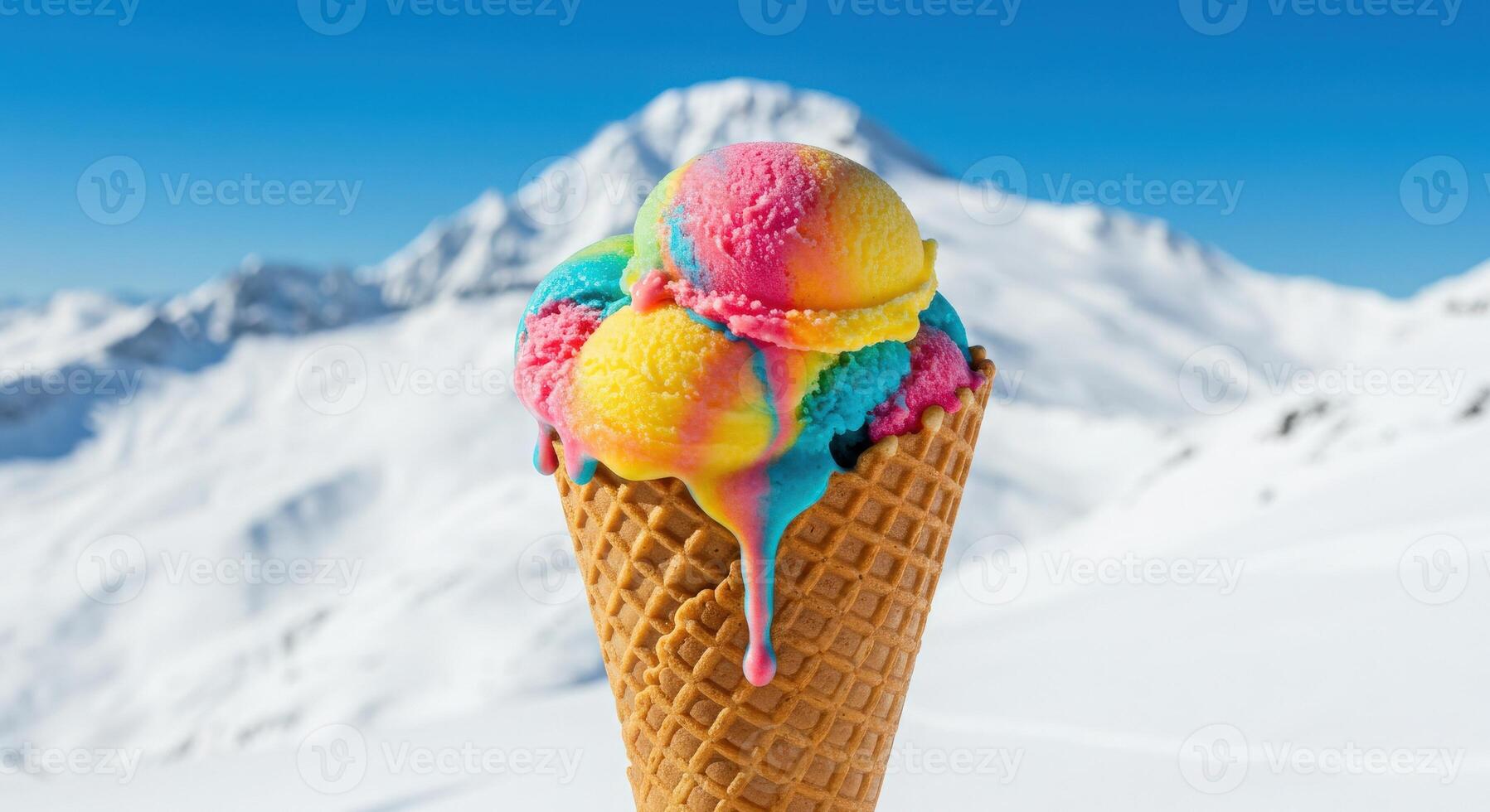A cone of ice cream with rainbow colored toppings on top of a mountain photo