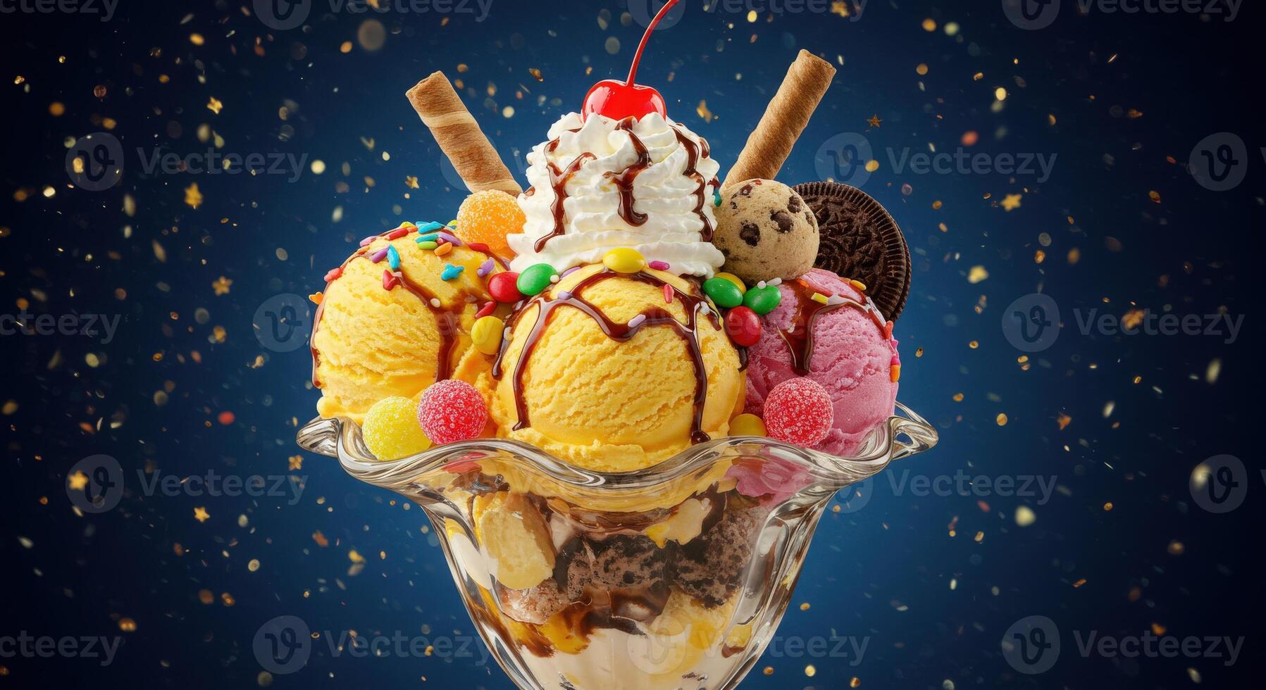 An ice cream sundae with cookies and ice cream photo