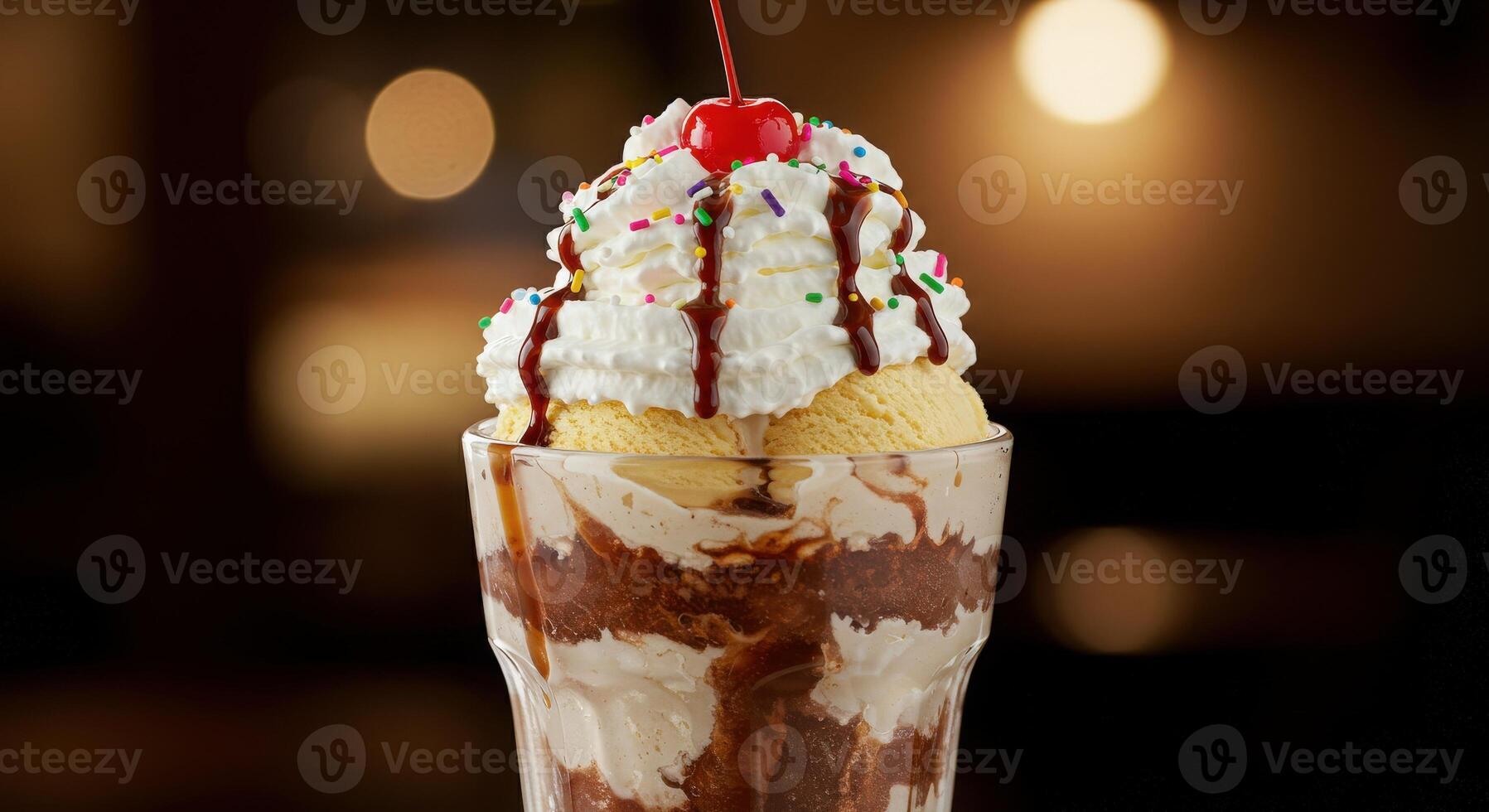 A chocolate sundae with whipped cream and a cherry on top photo