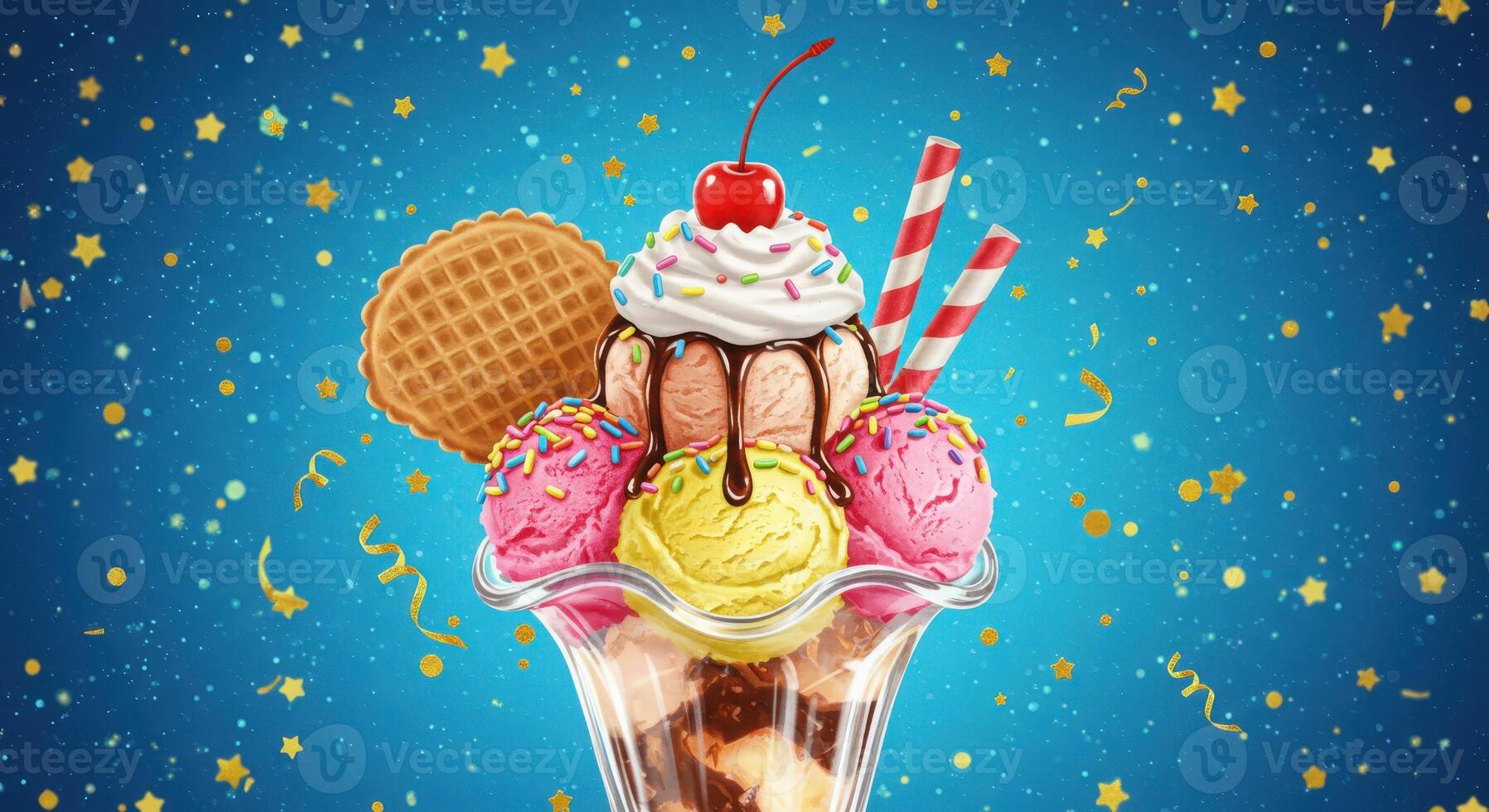 Ice cream sundae with cherry and waffle cone on blue background photo
