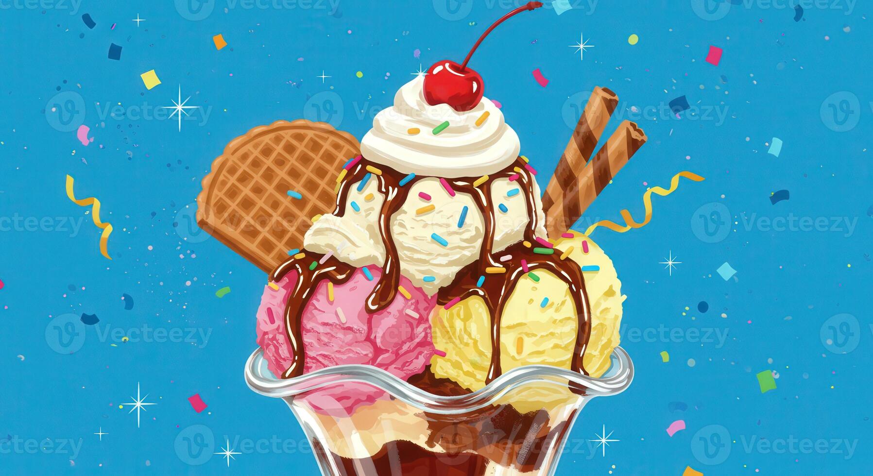 Ice cream sundae with cherry and waffle cone photo