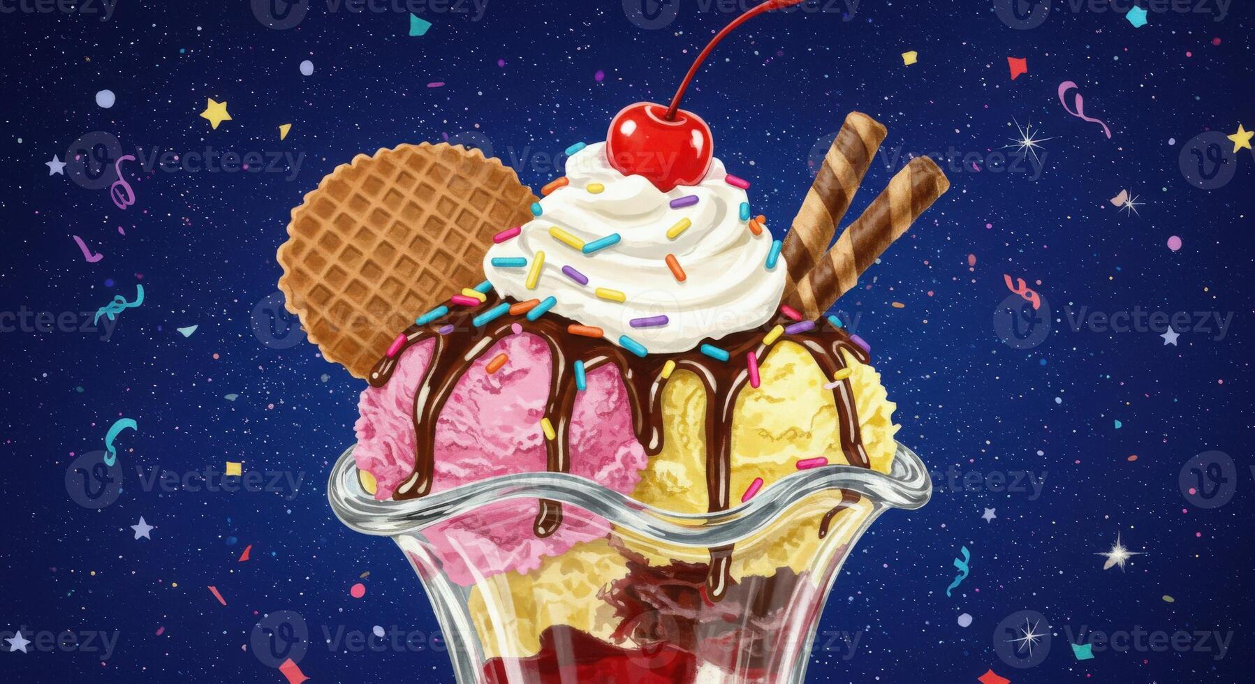 Ice cream sundae with cherry and waffle cone on blue background photo