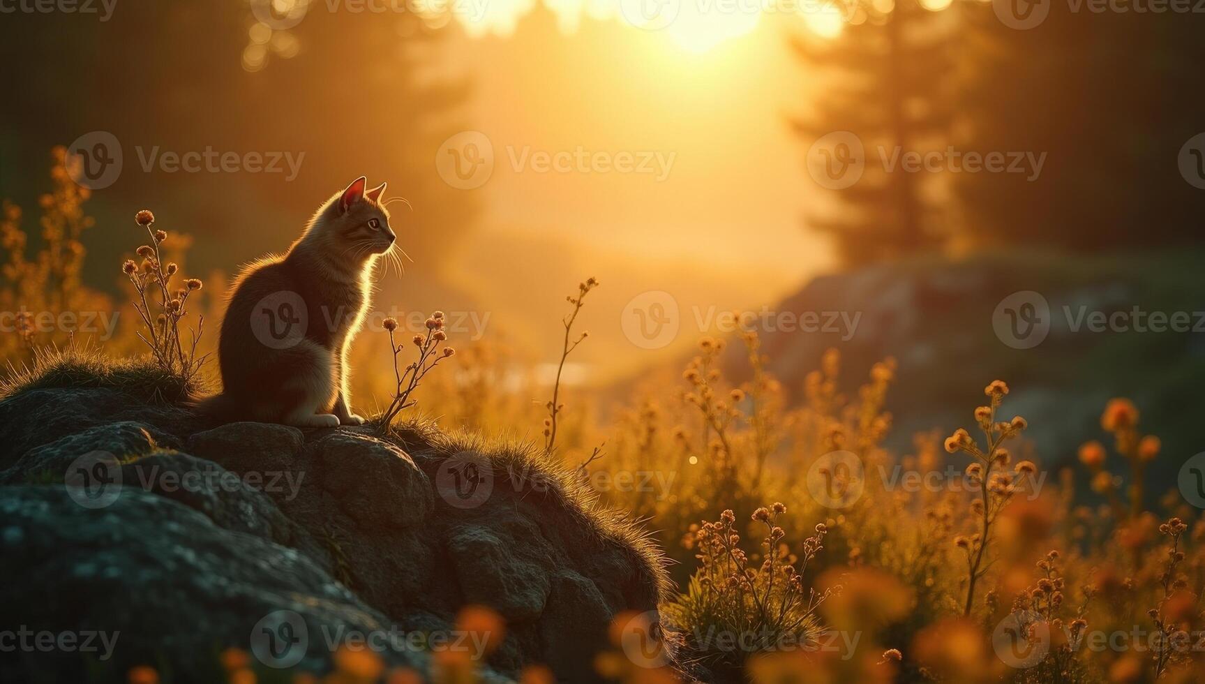 A cat sitting on a rock in the middle of a field at sunset photo