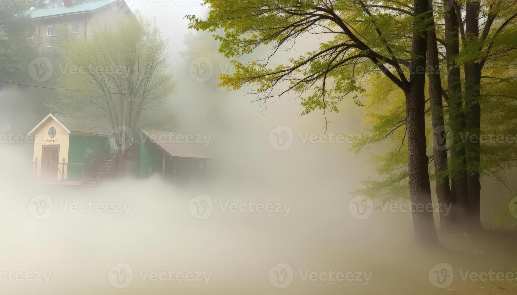 A small house in the fog with trees and trees photo