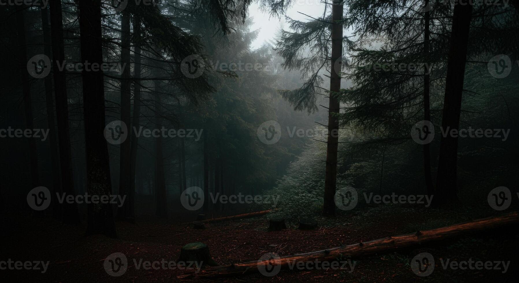 A dark forest with trees and logs photo