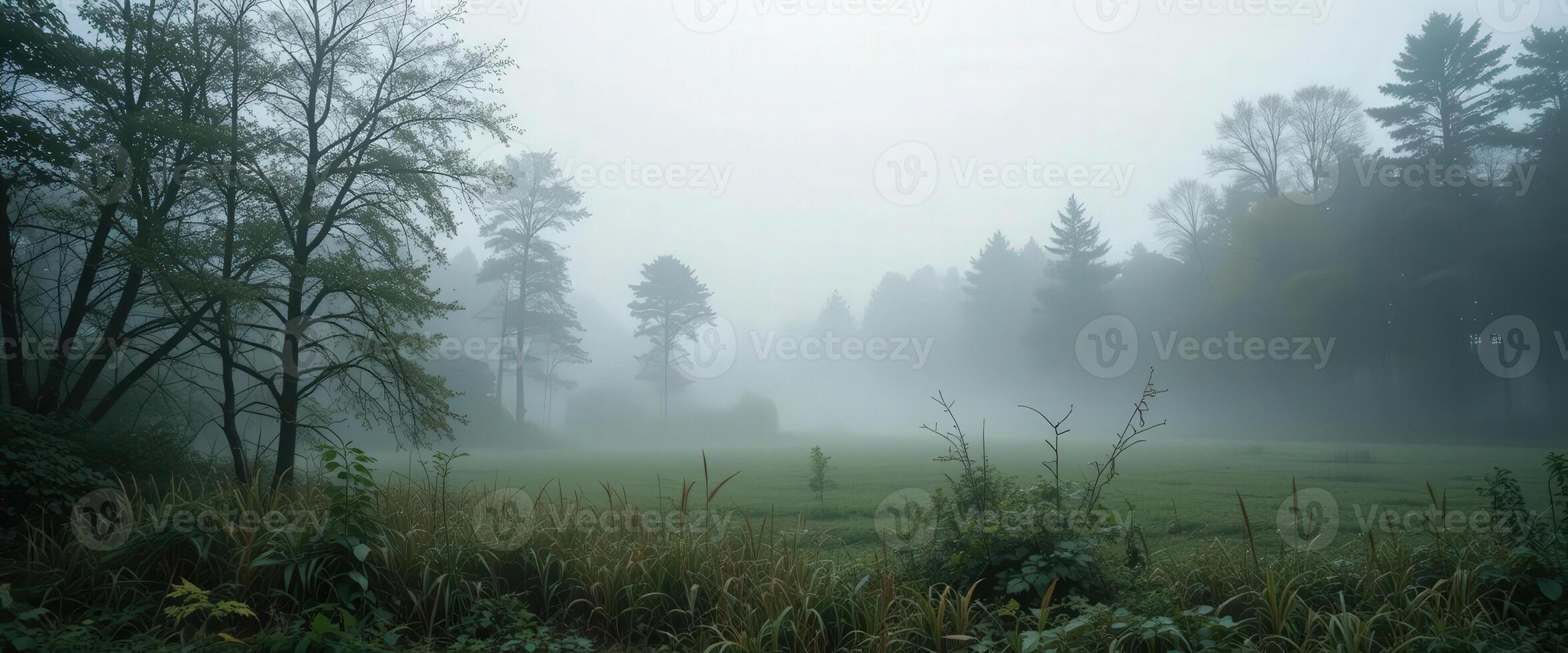 A foggy field with trees and grass photo