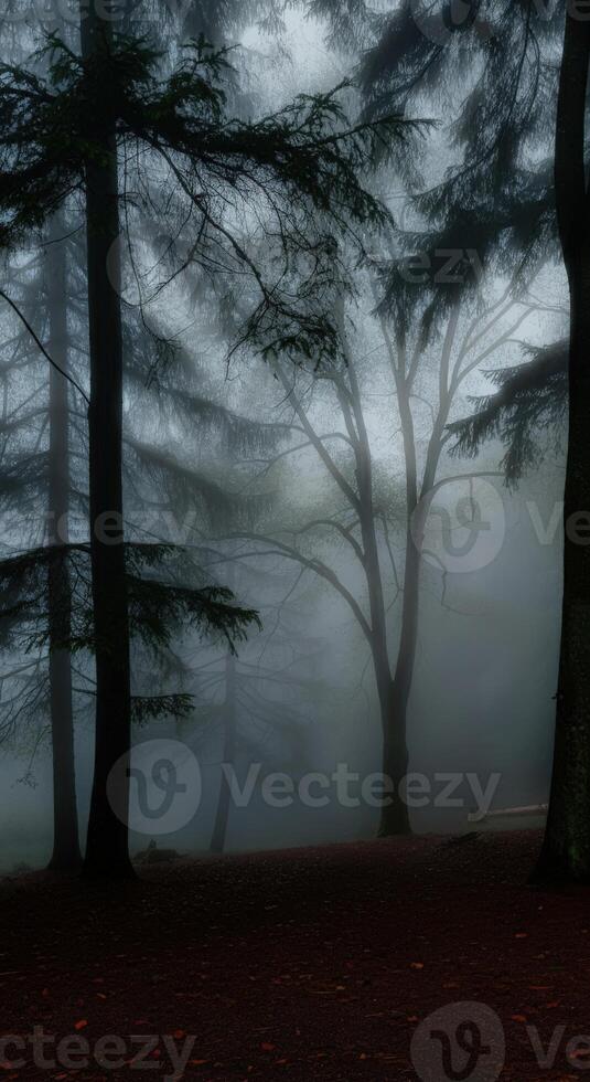 A foggy forest with trees and a bench photo