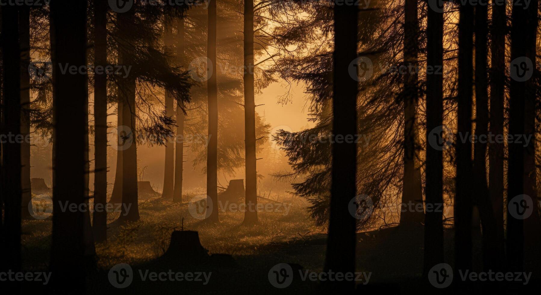 A forest with trees and sun shining through photo