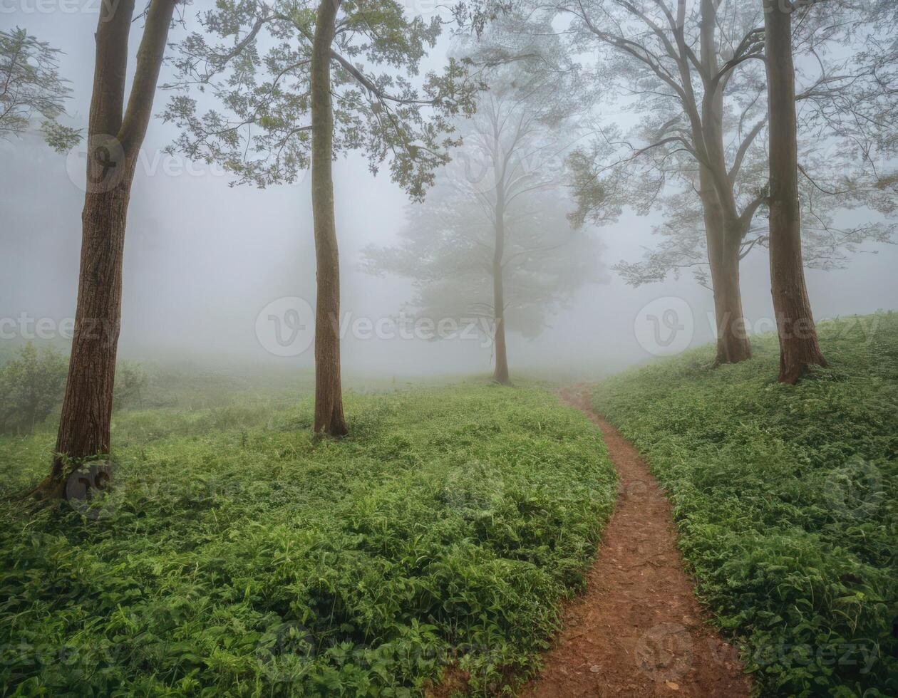 A path through the woods on a foggy day photo