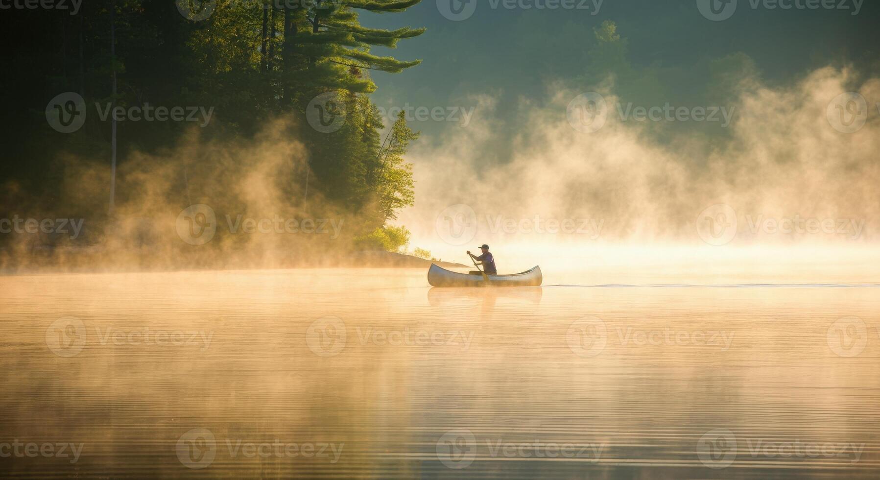 A man in a canoe on a lake with mist photo