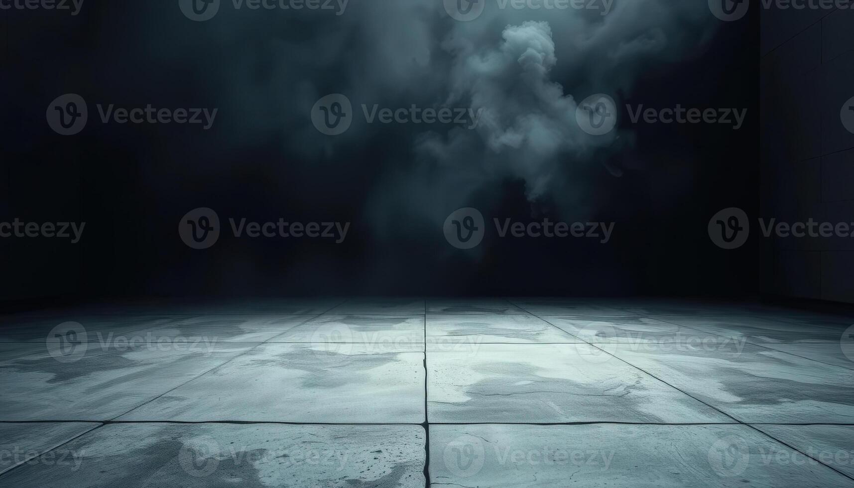 An empty room with a dark floor and smoke coming out of the wall photo