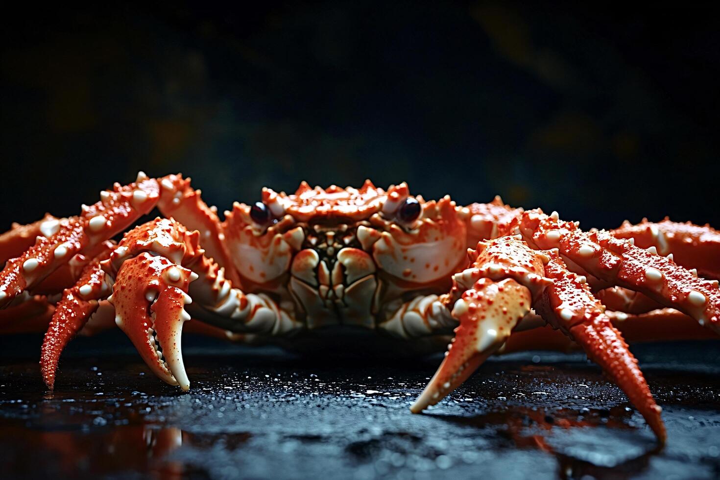 Giant red king crab standing on a wet black surface photo