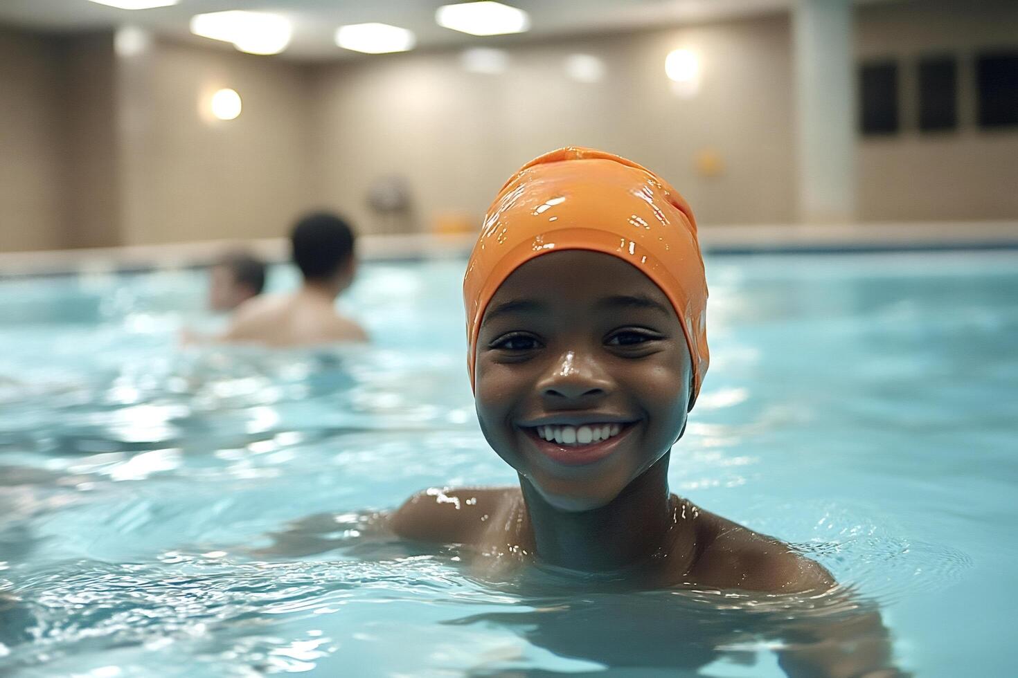 Young boy smiling and enjoying swimming in public pool photo
