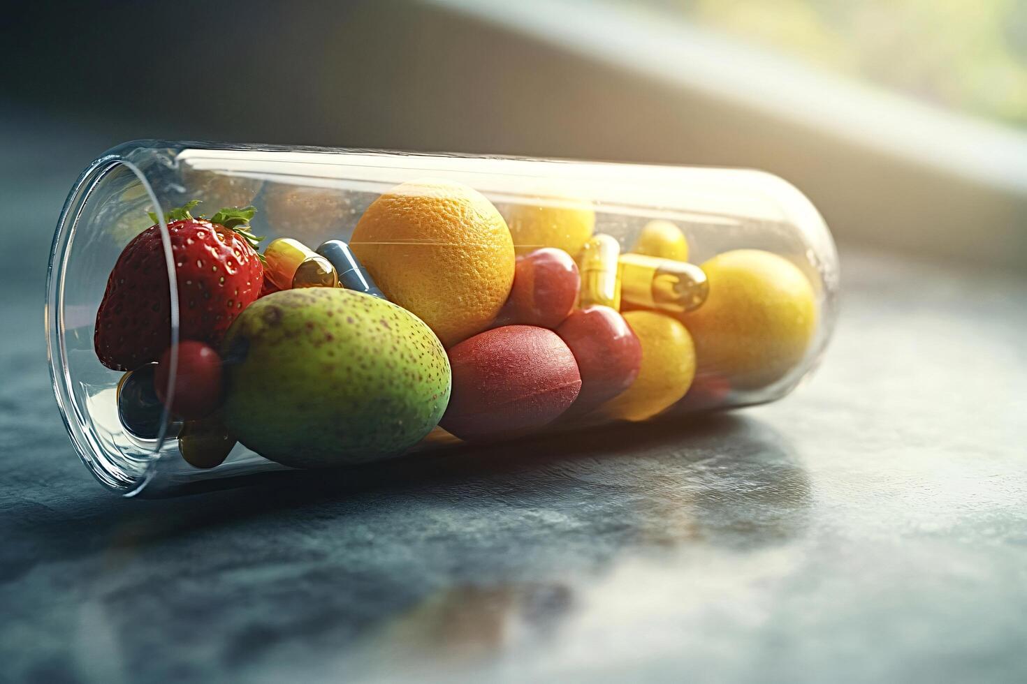 Pills and fruits creating the concept of dietary supplements photo