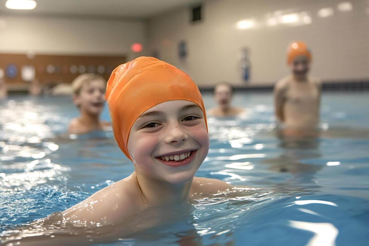 Children enjoying swimming lesson in indoor pool photo
