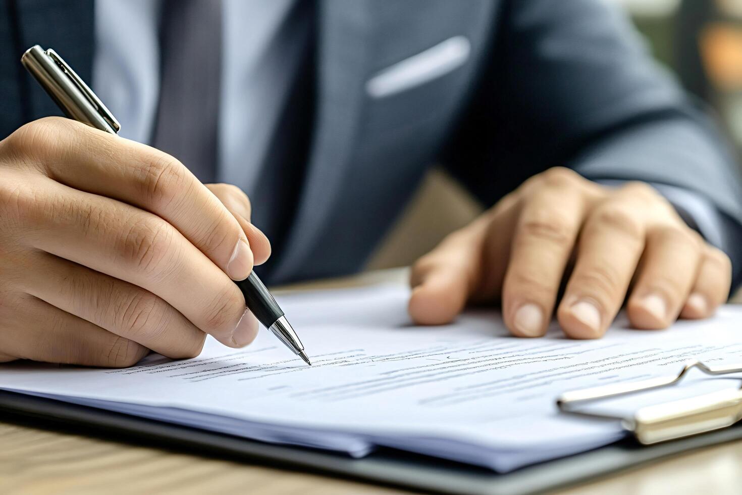 Businessman signing a contract or agreement using a pen photo