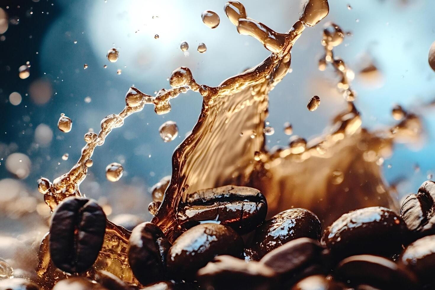Coffee splashing on roasted coffee beans a dynamic beverage moment photo