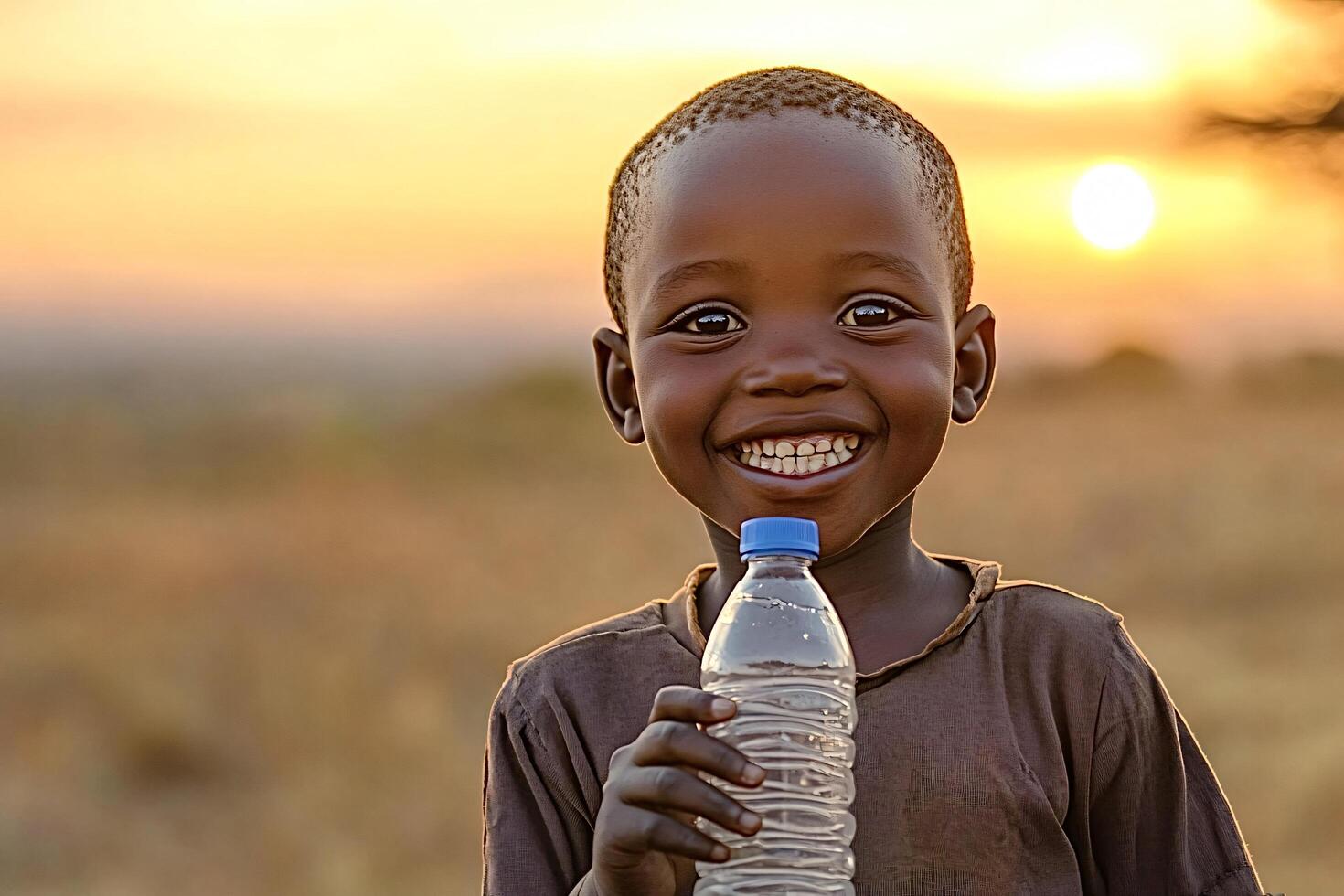 Happy african child holding bottle of clean water at sunset photo