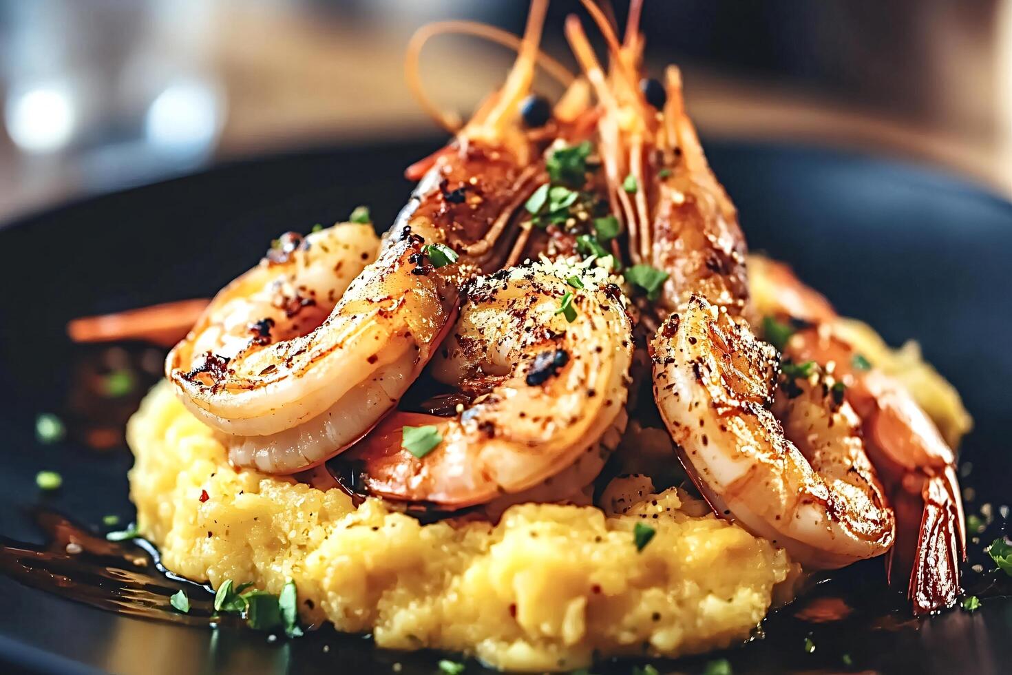 Grilled shrimps with spices and polenta creating a delicious gourmet dish photo