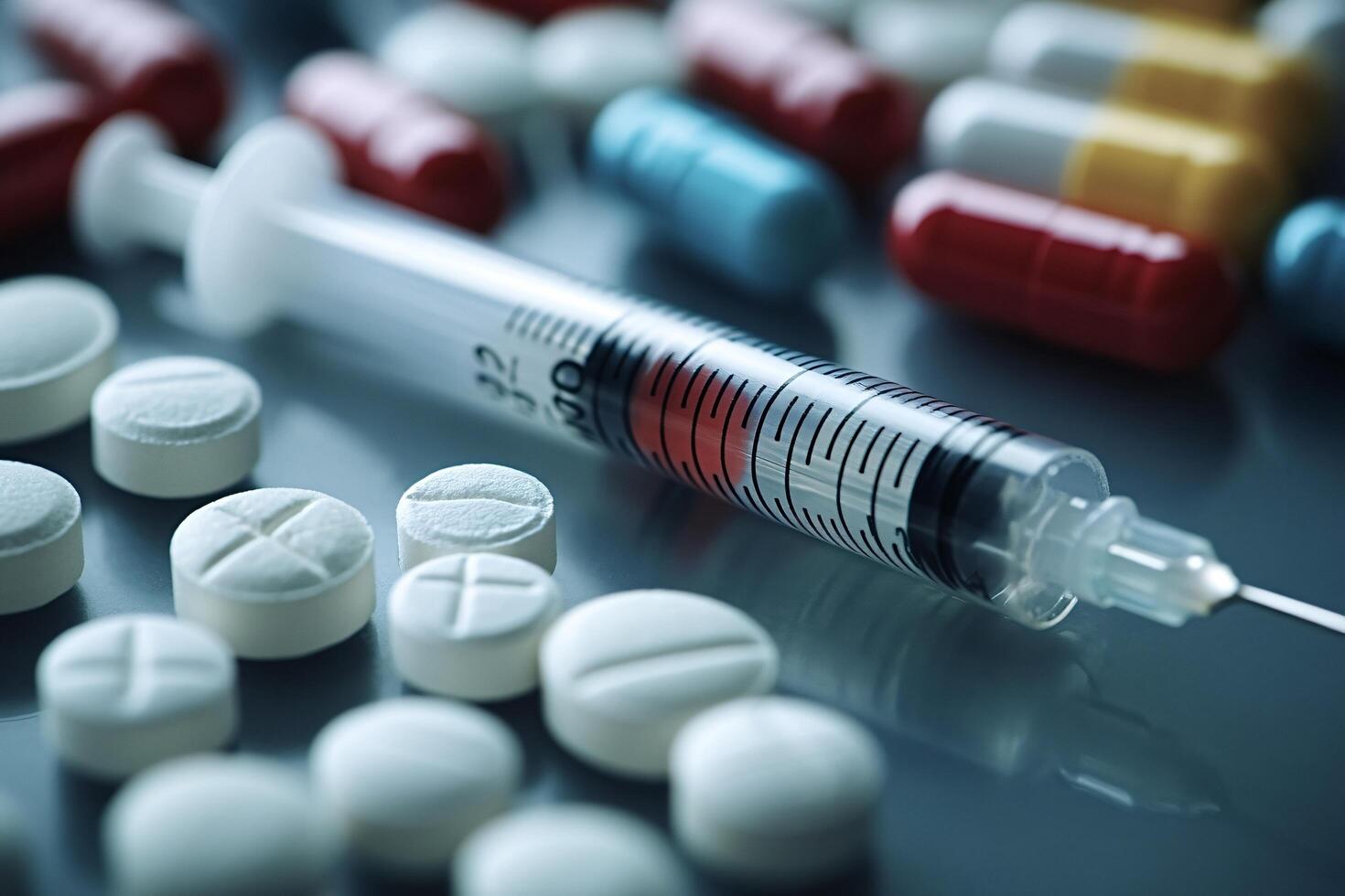 Syringe lying near prescription pills on counter photo