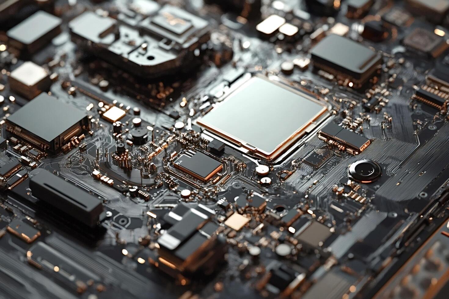 Close-up of modern circuit board showing complex electronic components photo