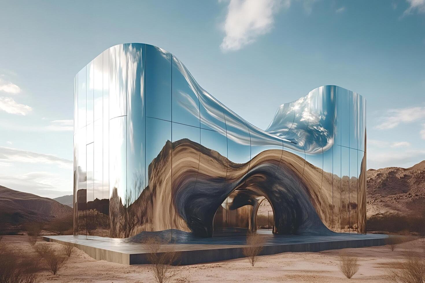Modern, mirrored building reflecting desert landscape and cloudy sky photo