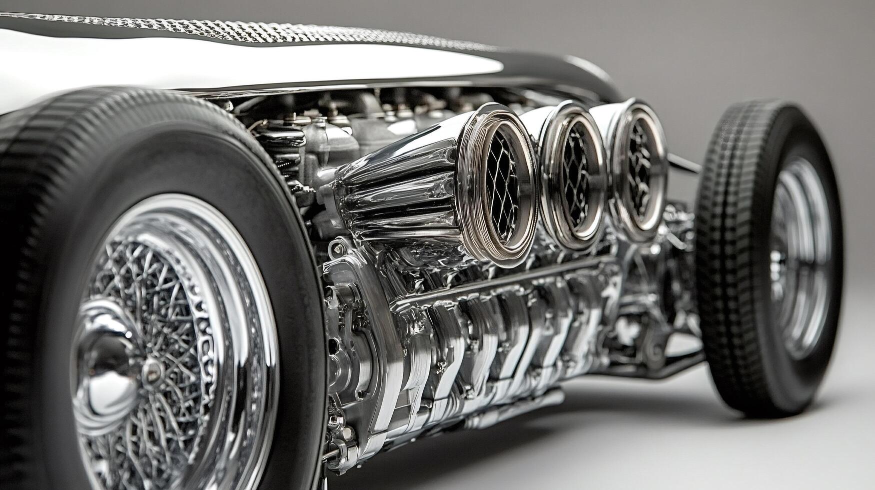 Close-up of a vintage car engine with chrome details photo