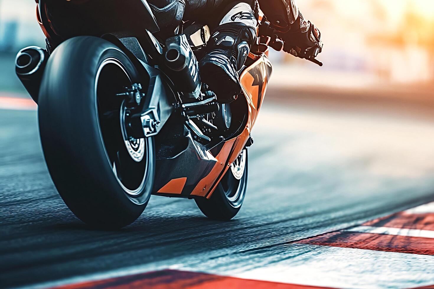 Motorcycle racer taking corner at high speed on racetrack photo