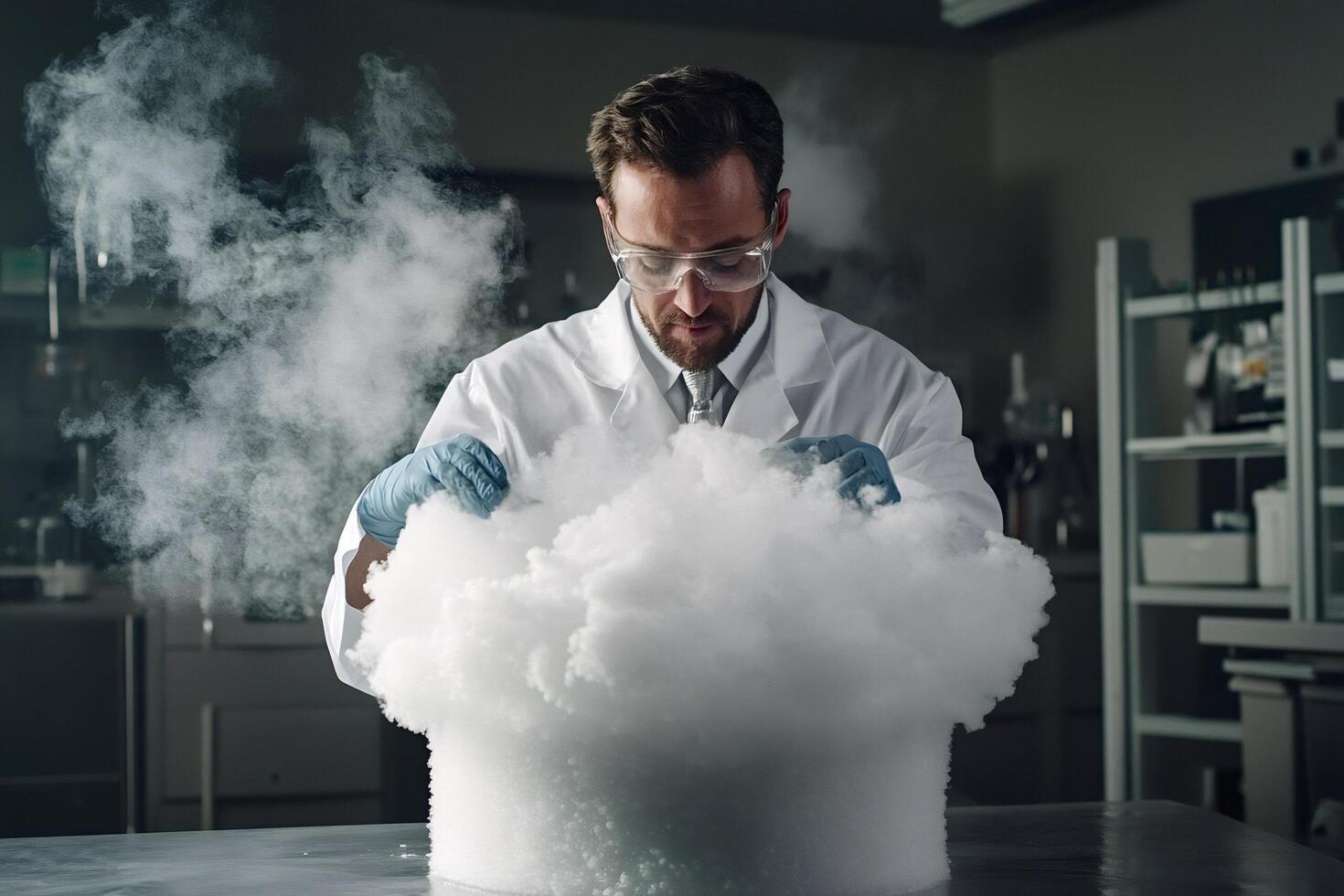 Scientist performing experiment with liquid nitrogen in laboratory photo