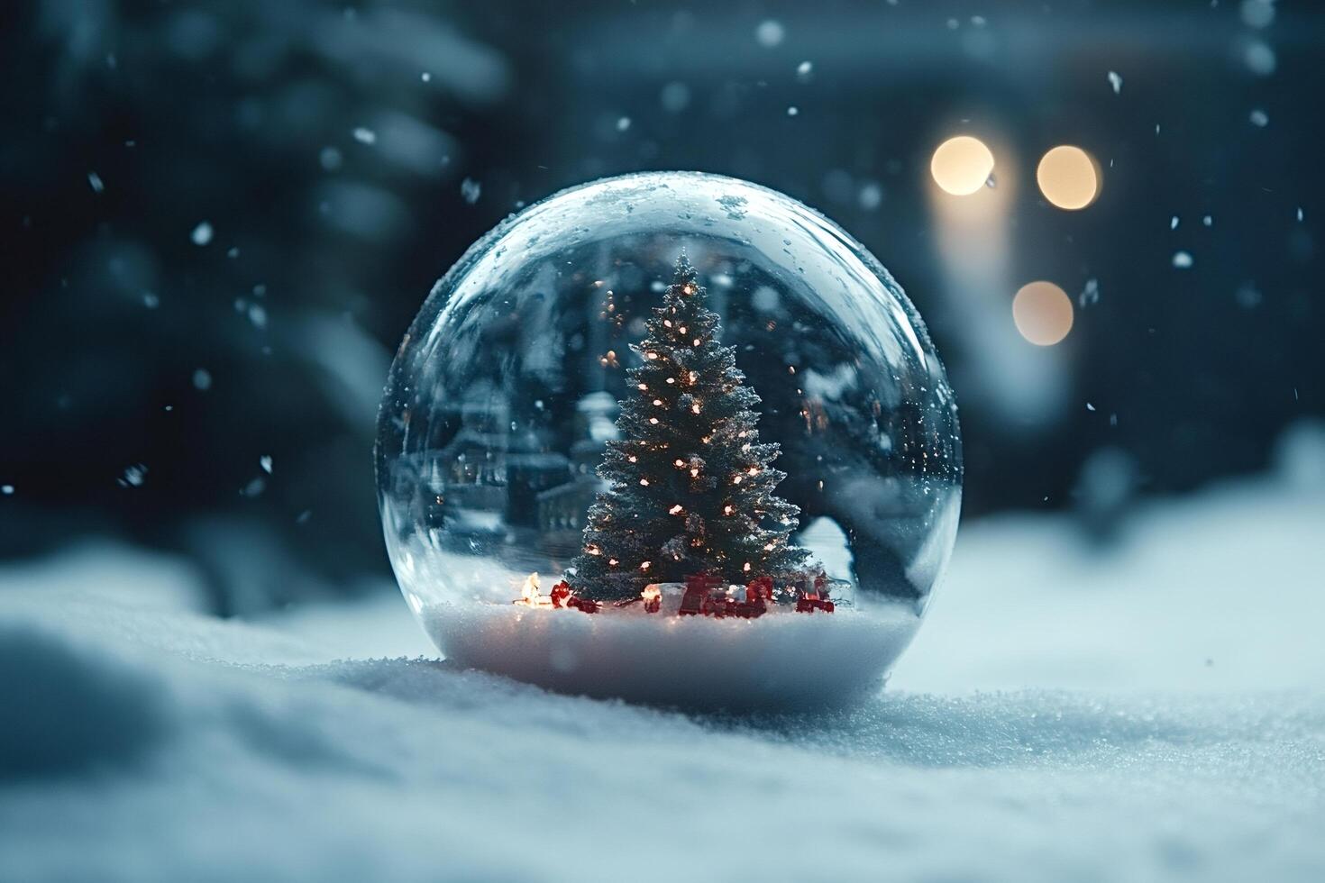 Christmas tree shining inside glass snow globe during snowfall photo