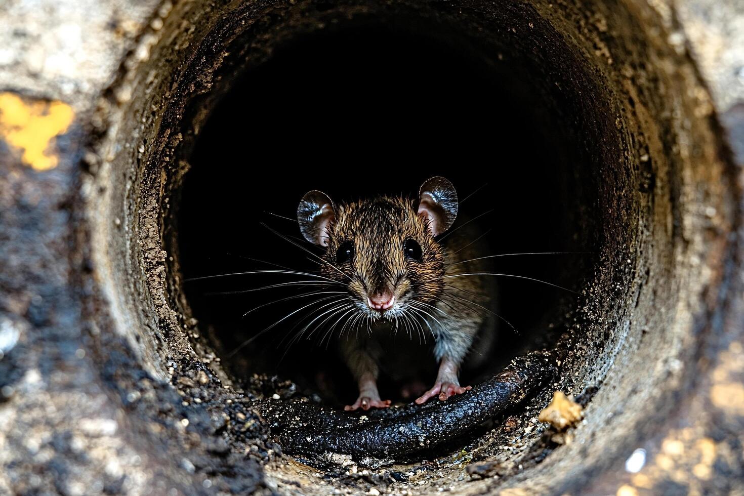 Wild brown rat coming out of a sewer drain pipe photo