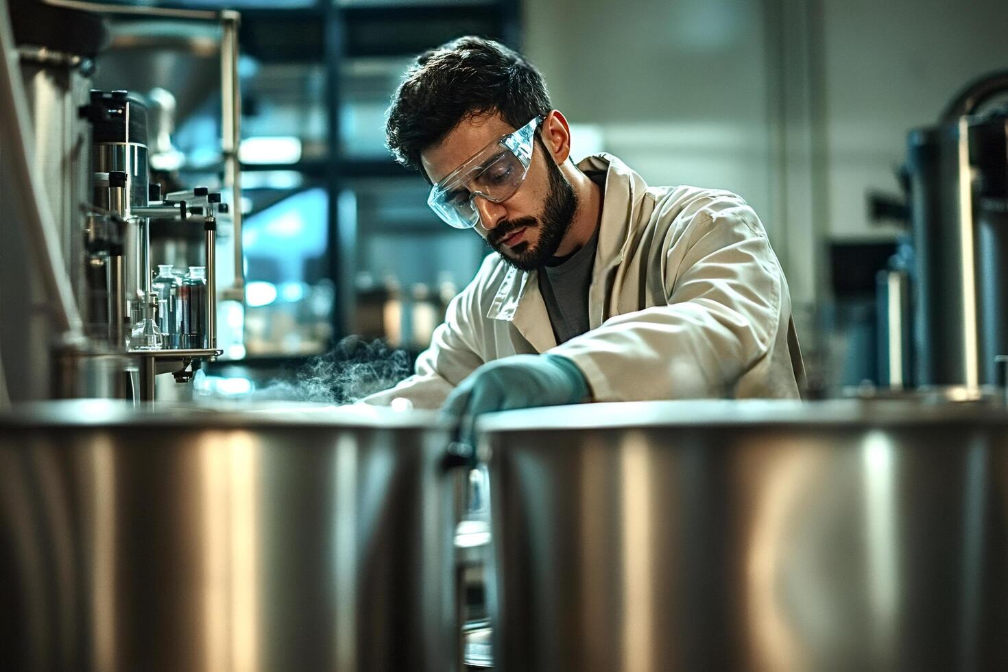 Scientist wearing protective glasses and gloves working with steel tanks in lab photo