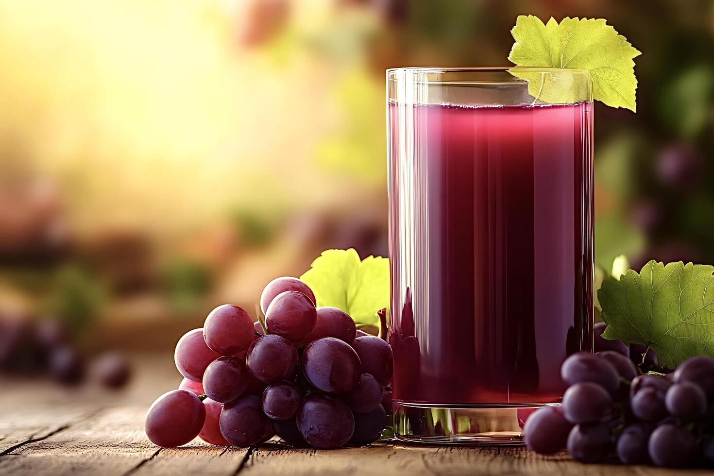 Glass of red grape juice with fresh grapes on a wooden table is refreshing photo