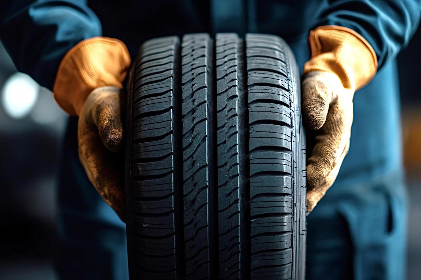 Mechanic holding a car tire in a repair shop photo