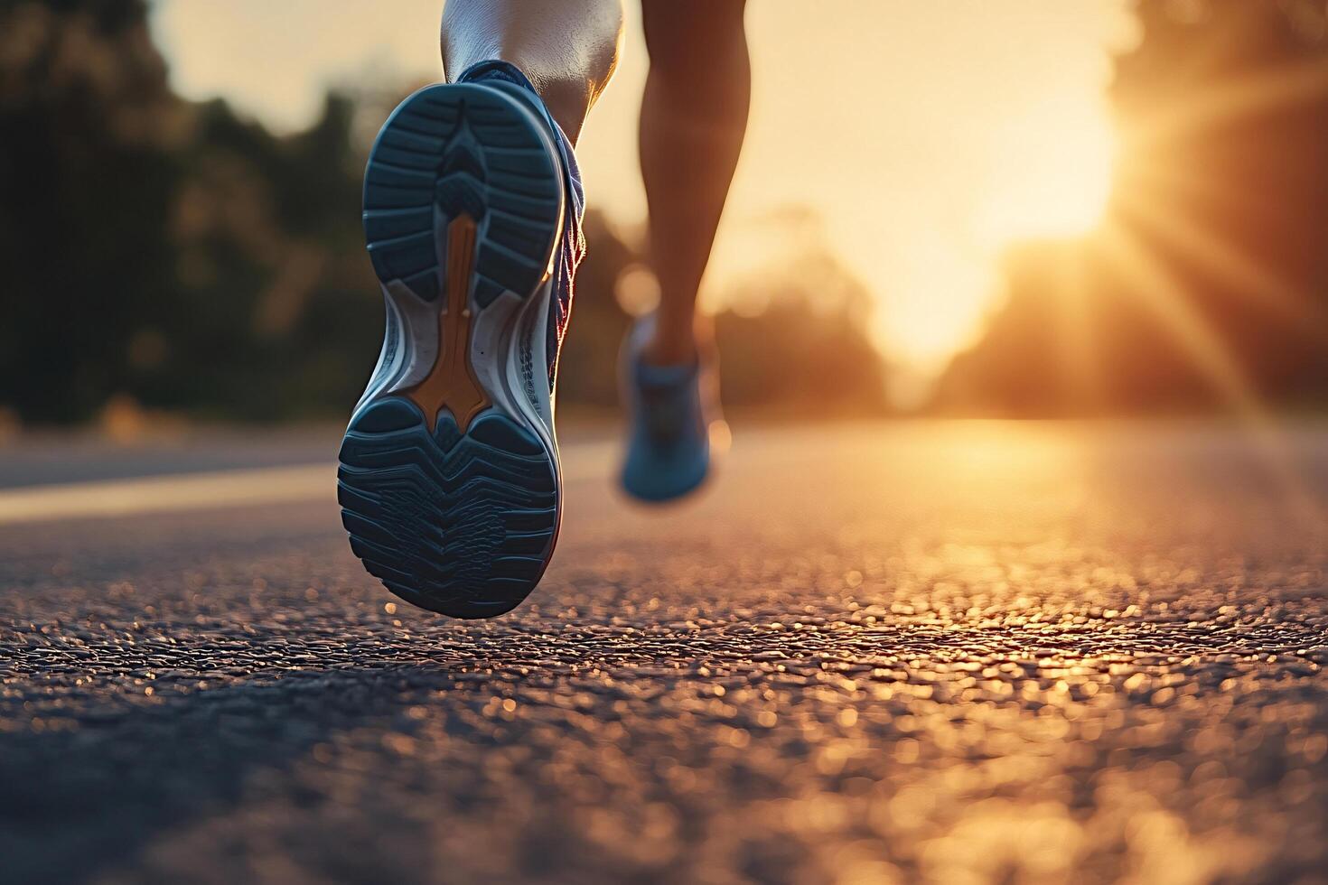 Athlete running on the road at sunset wearing sneakers photo