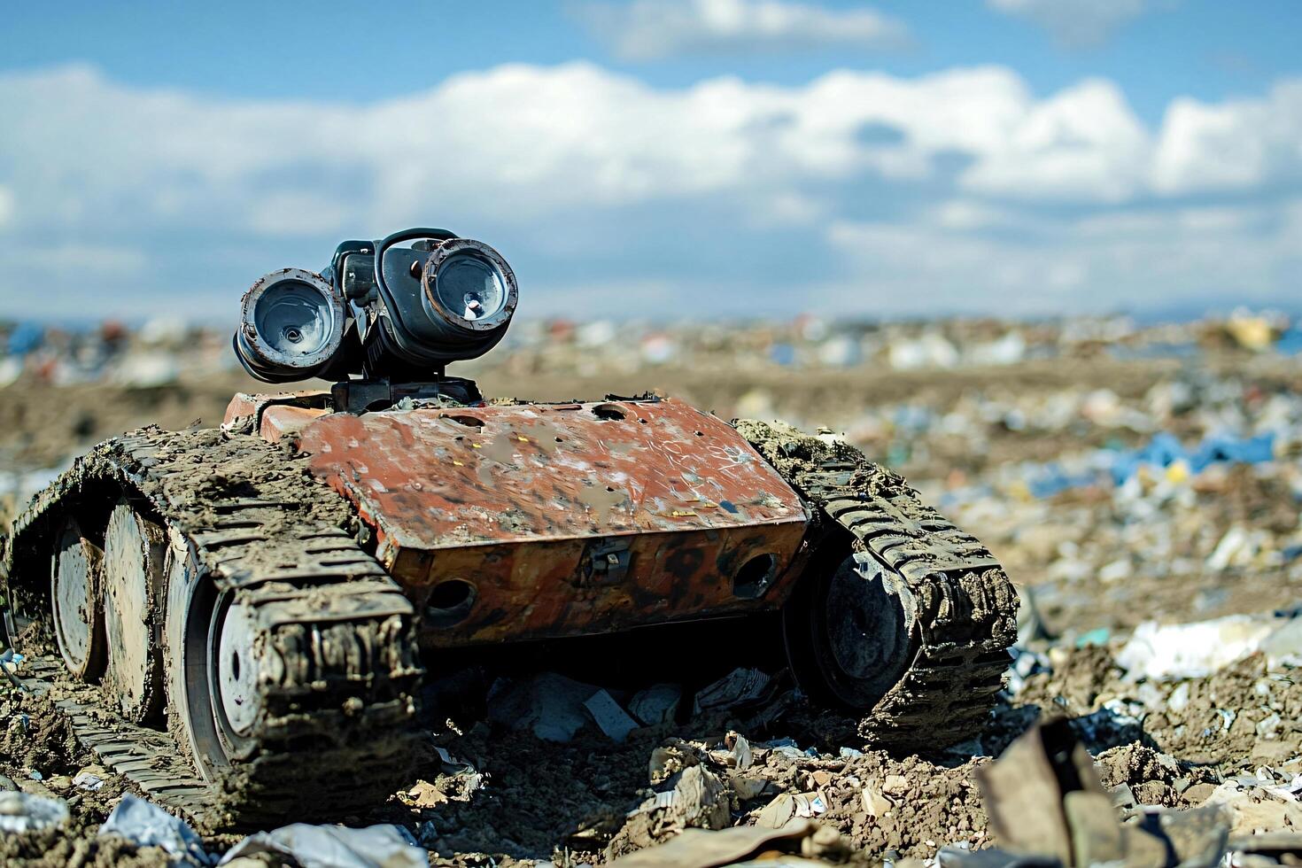 Rusty robot exploring garbage dump environmental disaster photo