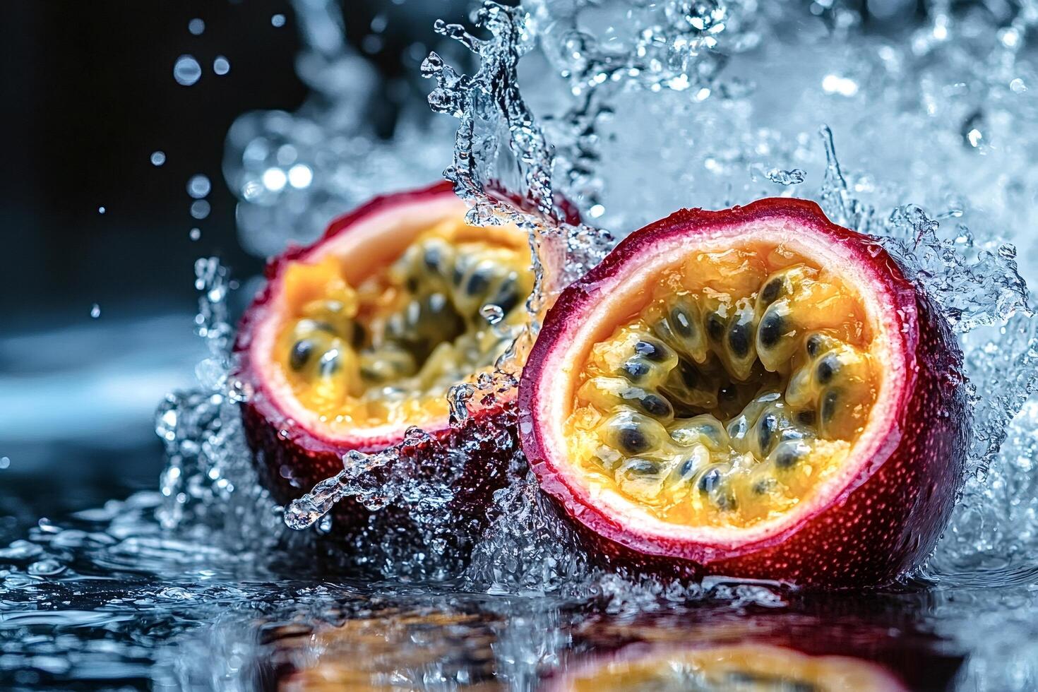 Two passion fruits splashing in water, creating refreshing burst photo