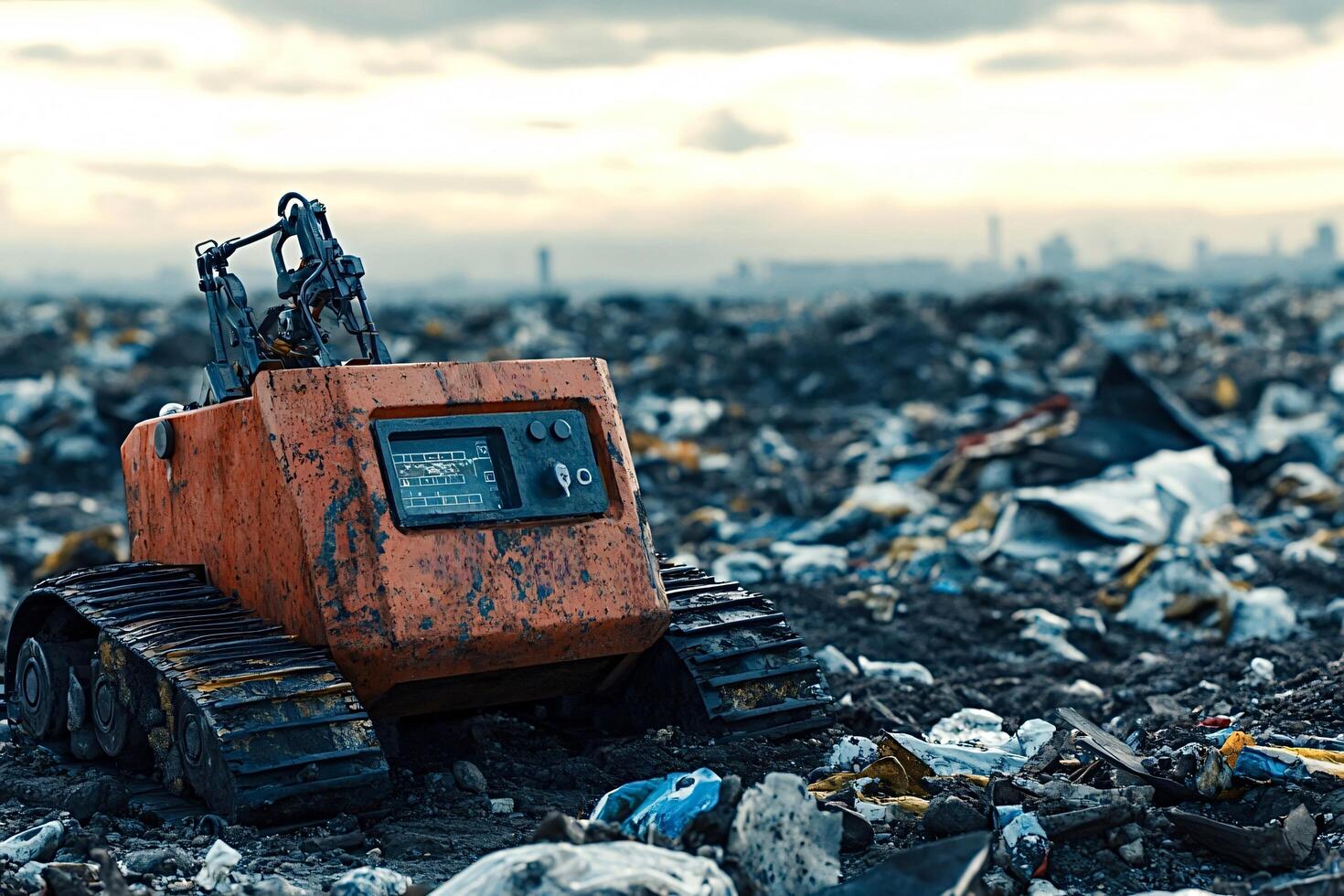 Autonomous robot exploring and analyzing garbage in a landfill site photo