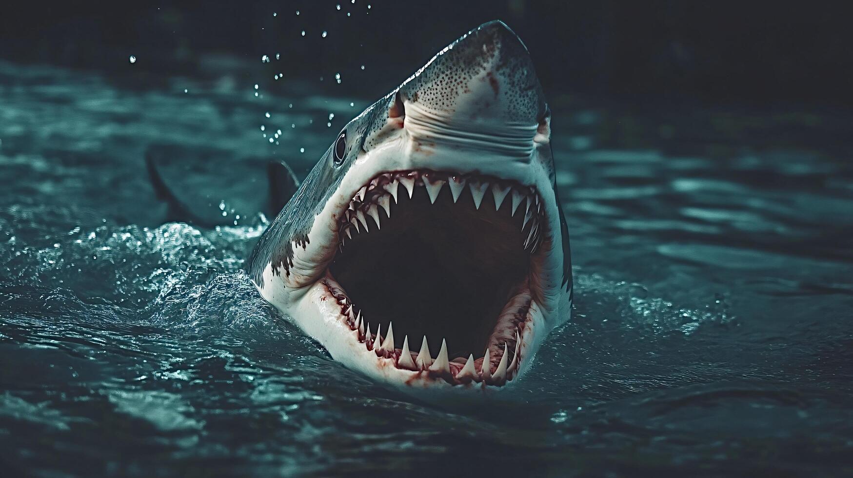Great white shark showing its teeth while surfacing photo