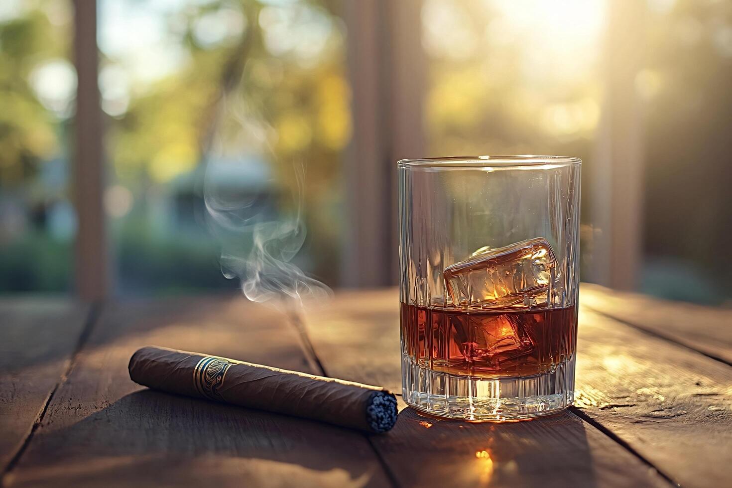 Cigar with smoke and glass of whiskey with ice on table in sunlight photo