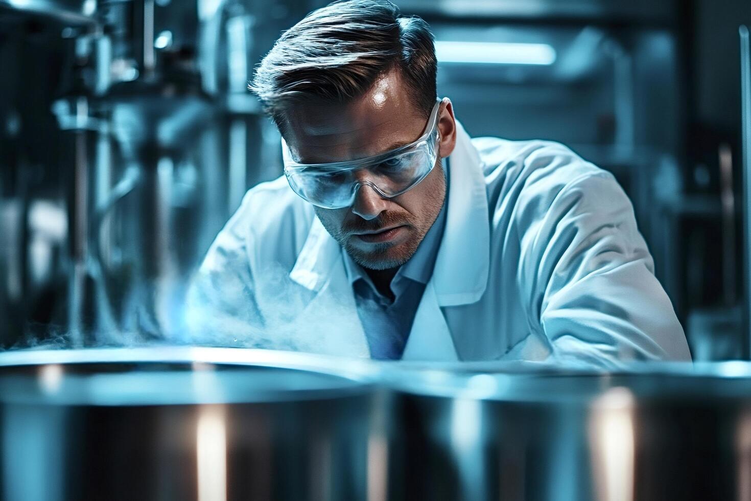 Scientist working with steel tanks in industrial laboratory photo